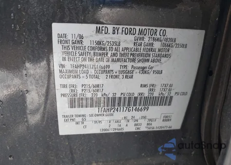 2007 Ford Five Hundred Sel from USA, damaged, VIN 1FAHP24117G146699